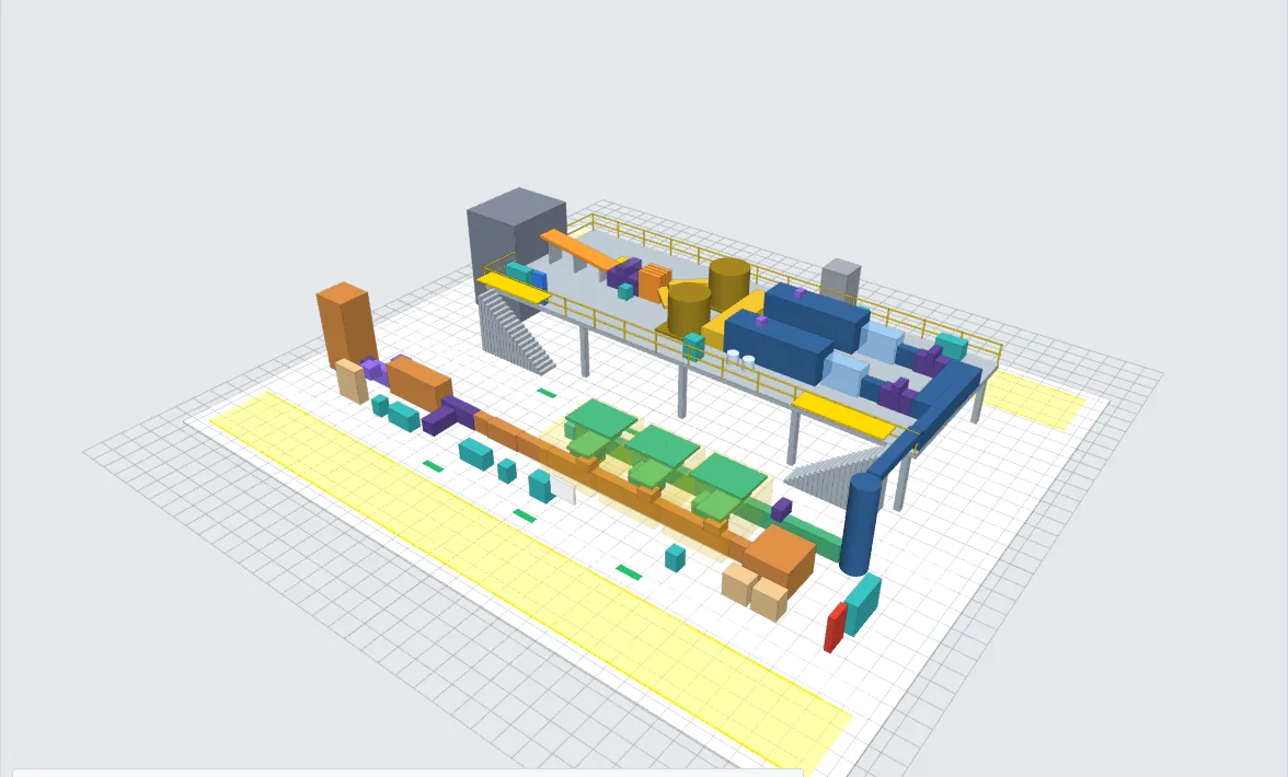 3D-Gesamtansicht einer Linie mit Bühne, Schlauchbeutelmaschinen und Kartonlinie
