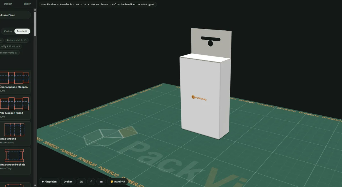 PackVis: gefaltete Schachtel mit Euroloch in der 3D-Ansicht