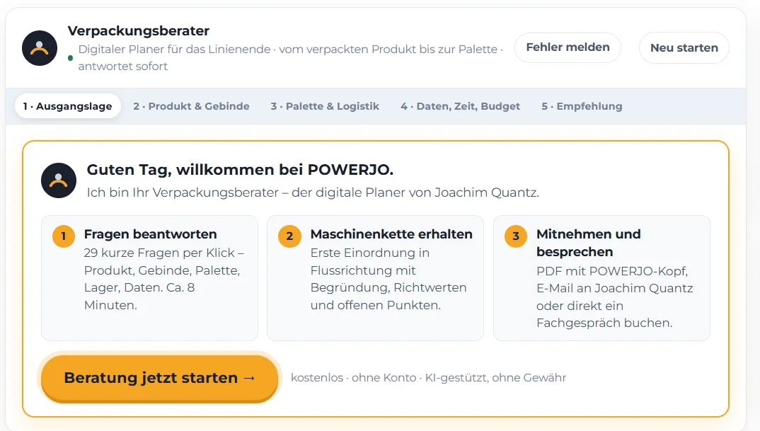 Startbildschirm des Verpackungsberaters mit drei Schritten